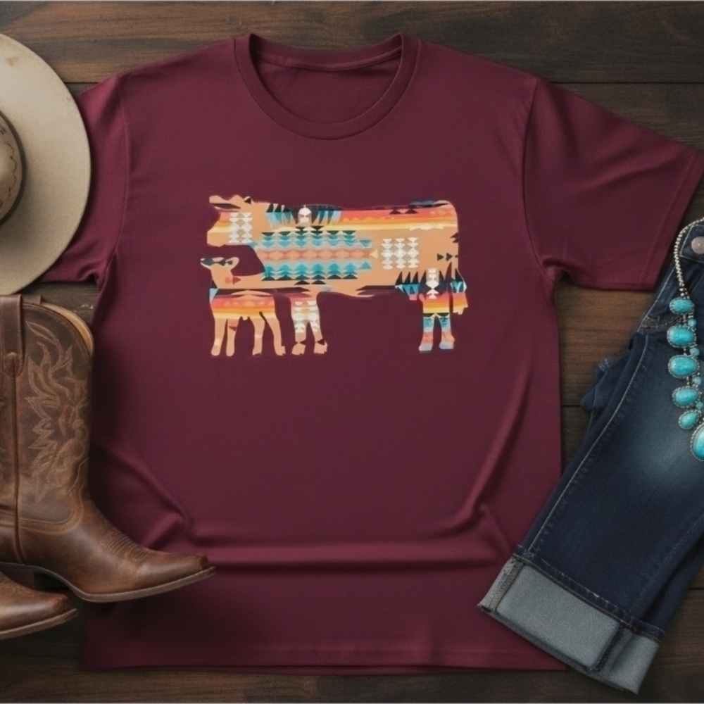 Southwestern Cow & Calf Tee – Maroon Western Graphic Shirt | Country Girl Style